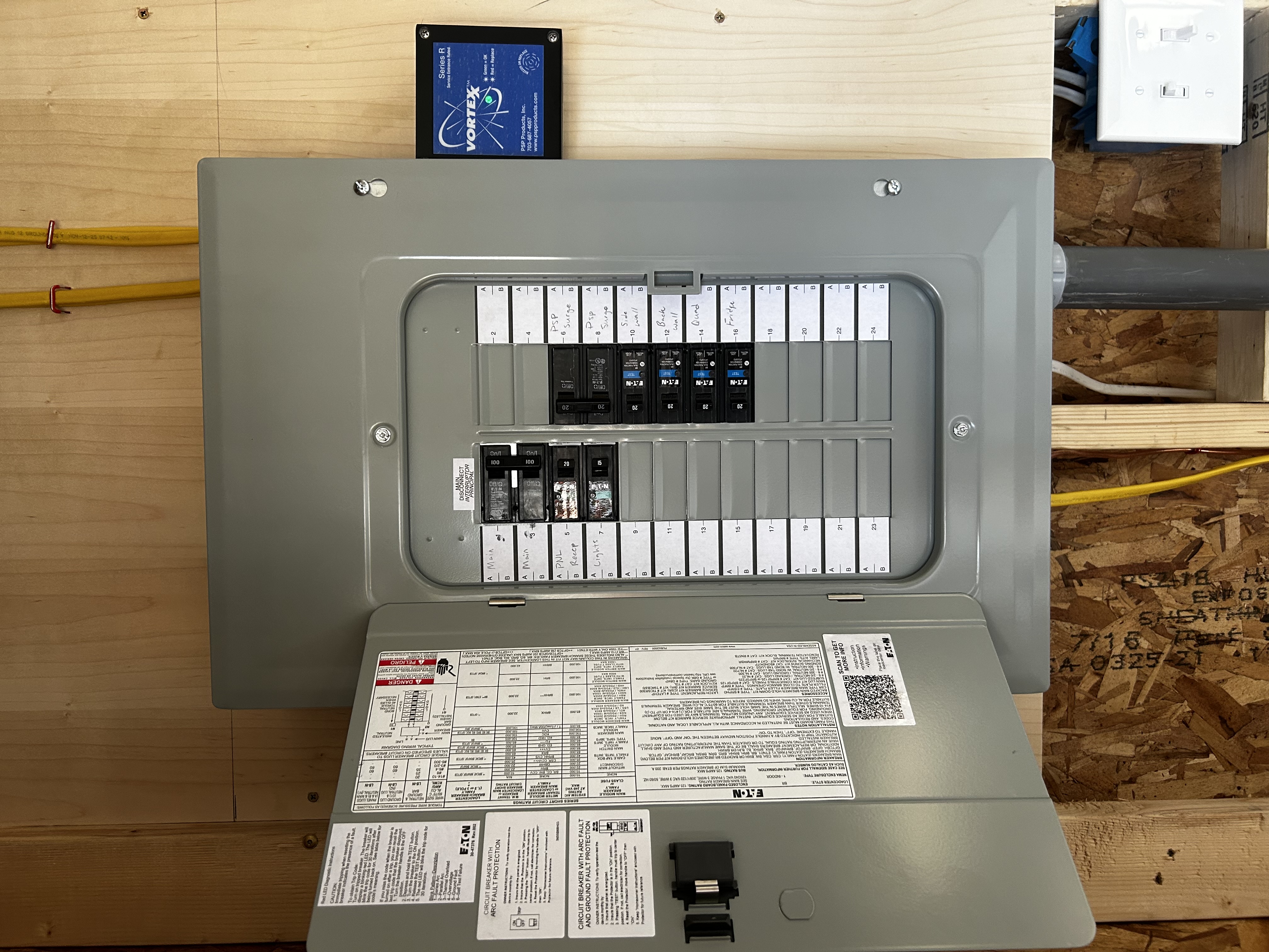 100-amp detached-garage subpanel with Vortexx surge protection installed by CMD Electric